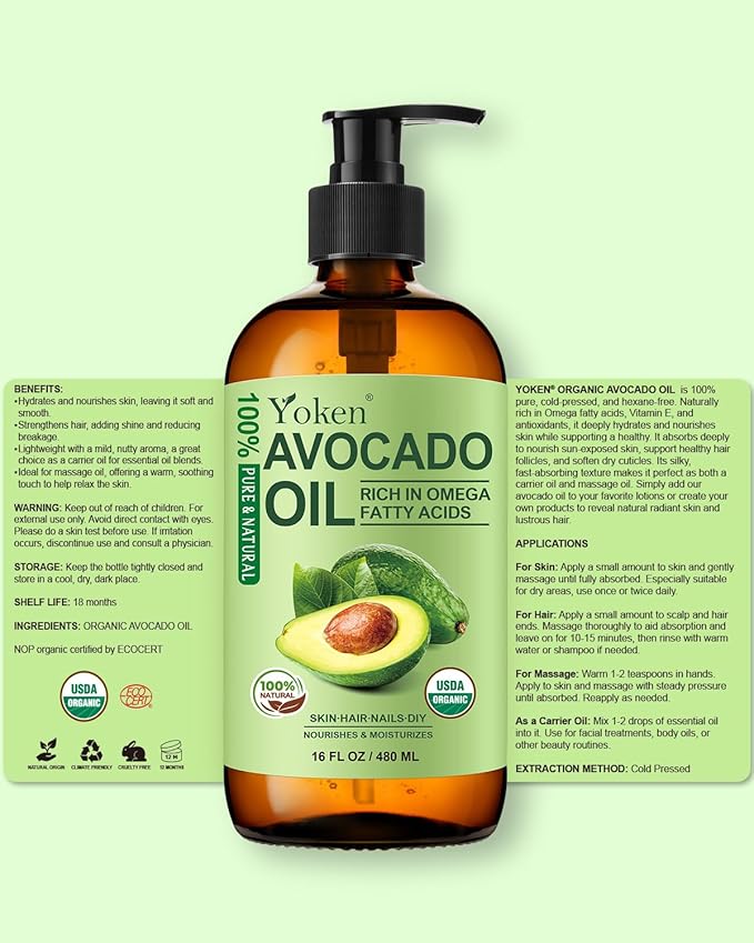 USDA Organic Avocado Oil Cold Pressed 16oz Glass Bottle - Moisturizing Unscented Body oil for Dry Scalp, Hair & Skin Hydrating,Non Greasy Carrier oils for Essential Oils Mixing,, aceite para cabello
