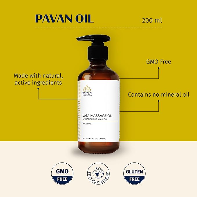 Kerala Ayurveda Everyday Herbal Massage Oil | Nourishes Dry Skin | Ashwagandha Rich Oil | Promotes Sleep & Relaxation | Ideal for Balancing Vata Dosha | Pavan Oil - 6.8 Fl Oz