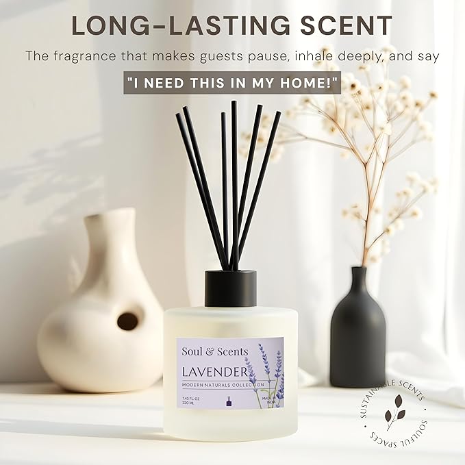 Soul & Scents Reed Diffuser Set – Lavender | 7.43 oz Refillable Scented Oil with 6 Fiber Sticks | Long-Lasting Home Fragrance & Air Freshener for Bedroom, Bathroom, Office | Gift & Décor Piece