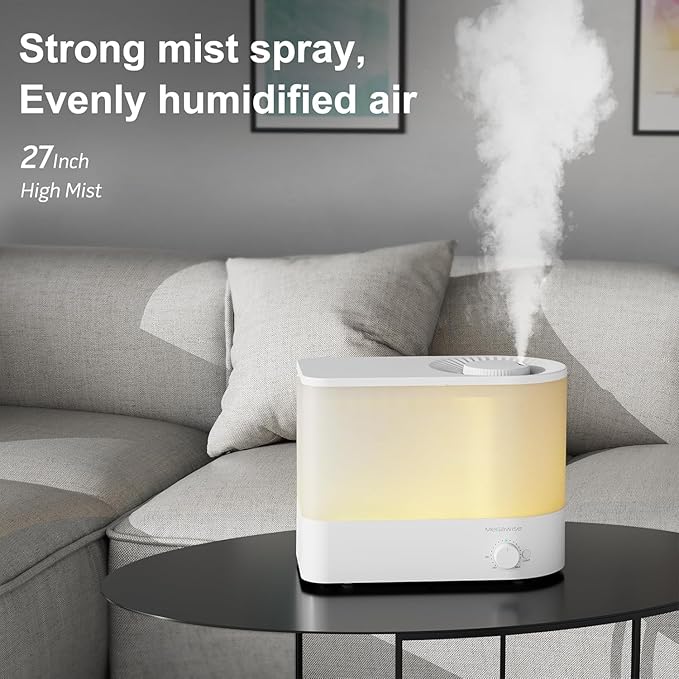 MEGAWISE 2025 Humidifier, 6L Large Capacity, 50H Runtime, Enjoy ultra-quiet, cool mist for your bedroom, nursery, or indoor plants. Top-fill design for effortless convenience (White)