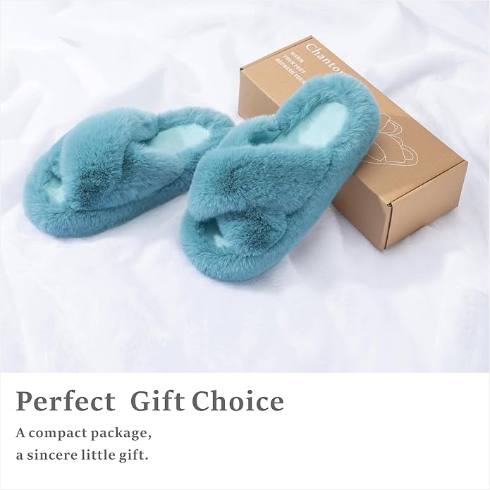 Chantomoo Women's Blue Memory Foam Faux Fur Lined Open Toe Slippers for Women - US 12