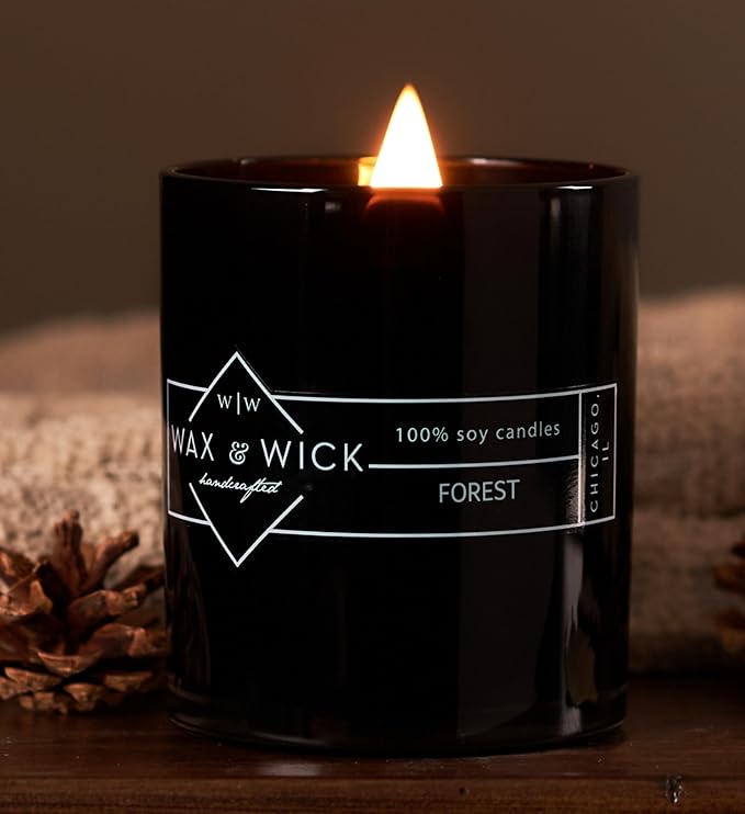 Wax and Wick 12oz Scented Candle for Men, 100% Soy Wax, Double Wood Wick, Black Jar, Forest Scent, Long Lasting, Masculine Scents, Perfect for Home, Mancave, Bachelor Pad, Men's Gift - Made in USA