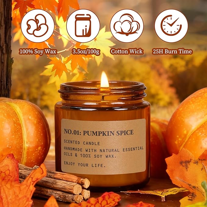 Fall Candles for Home Scented, 6 x 3.5 oz Soy Wax & 150 Hours Long Lasting Fall Winter Candles Sets, Gifts for Women Birthday Thanksgiving Day Merry Christmas | Apple Cinnamon Pumpkin Spice|