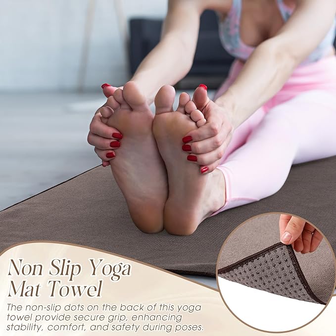Hahafelt 3 Pack Non Slip Hot Yoga Mat Towel with Grip Dot and Secure Fit Elastic Straps 72" x 26" Microfiber Yoga Towel Absorbent Sweat for Pilates Fitness (Beige Dark Gray Coffee)