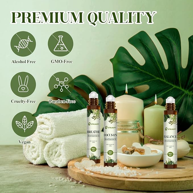 Essential Oils Roll On Set 3 Pack (Breathe, Focus on, Balance) - Essential Oil Blend Stress Relief Gift Aromatherapy Self Care Gift for Women, 3 * 10ml