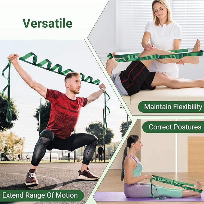 Kiemeu Stretch Strap With Loops For Physical Therapy, Yoga Straps For Stretching With Loops, Non-elastic Leg Straps For Knee Rehab, 8 ft Long x 1.2 inch Wide