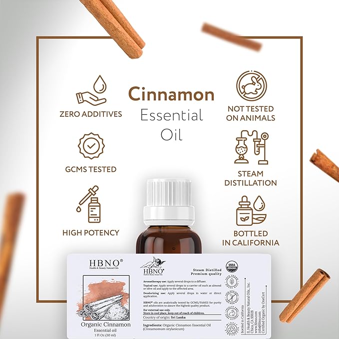 HBNO Organic Cinnamon Leaf Essential Oil - 1 oz (30ml) Travel Size - USDA Certified Organic Cinnamon Essential Oil, Perfect for Aromatherapy, Soap Making, DIY, Fragrances, Diffuser.