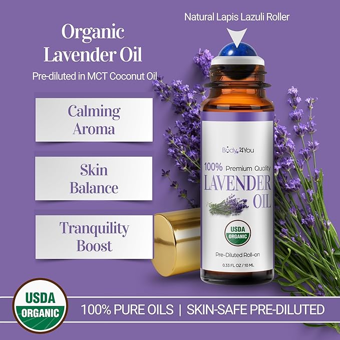 BodyJ4You Lavender Essential Oil Roll On - Pure 100% USDA Organic Coconut Oil - Natural Lapis Lazuli Stone Roller - Calm Aroma Sleep Prep Pulse Point Meditation - Amber Glass Bottle Rollerball (10ml)