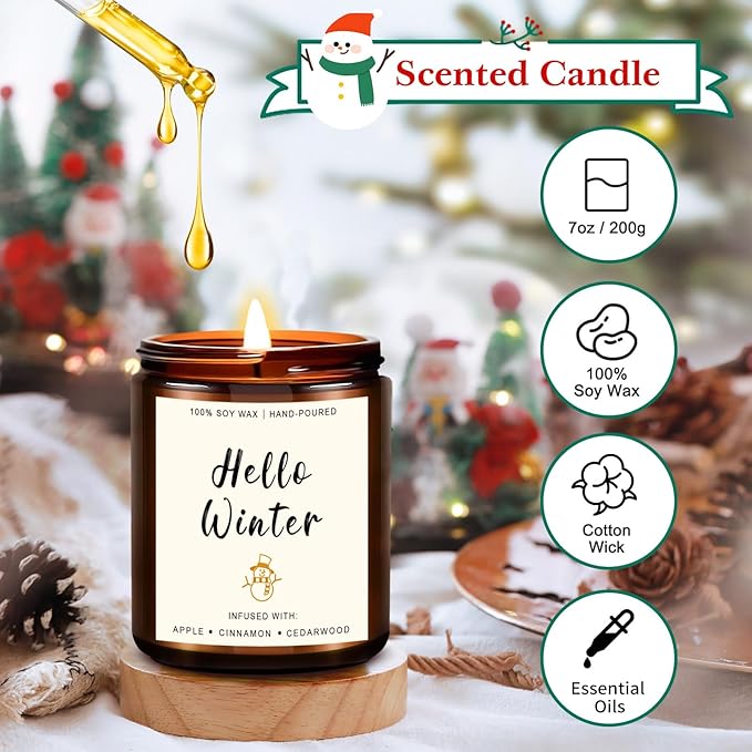 Winter Scented Candle Gift Set for Women – 4 Pack Soy Candles with Apple Cinnamon, Fir Balsam, Mulled Cider, Sandalwood – 200 Hour Burn Time, Holiday Gifts for Her, Home Decor & Cozy Nights