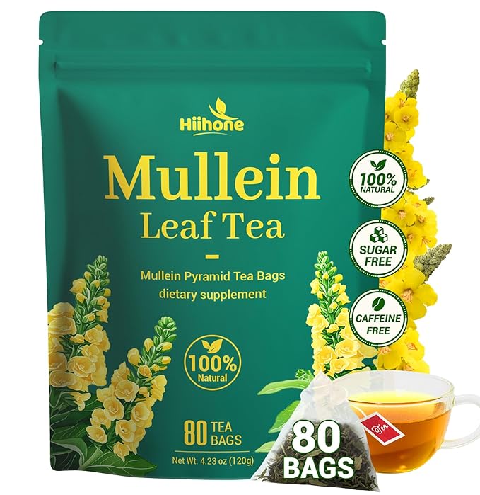 Hiihone Mullein Leaf Tea Bags for Lung Support, 80 Tea Bags, 100% Natural Herbal Tea from Mullein Leaves, Caffeine Free, No Sugar, No Additives