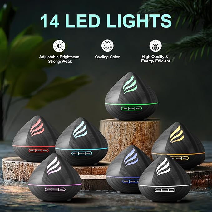 Essential Oil Scent Diffuser: 500ML Aroma Diffuser with Remote Control, Large Fragrance Aromatherapy Diffuser for Bedroom Home, Mist Humidifier with 14 Colors LED Lights and waterless Auto-Off, Black