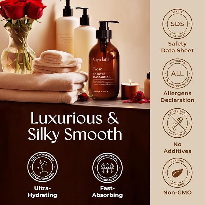 Gya Labs Rose Massage Oil - 6.76 Fl Oz - Non-Greasy Formula for Sore Muscles, Deep Relaxation & All Skin Types - Suitable for Men & Women