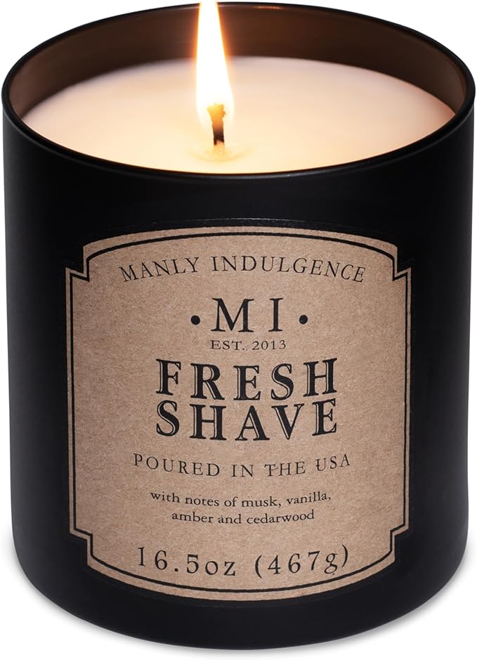 Manly Indulgence Fresh Shave Jar Candle 16.5 oz - Musk, Vanilla & Bergamot - Woodsy Amber & Cedarwood - Up to 60 Hour Burn - Soy Blend Wax, USA Poured