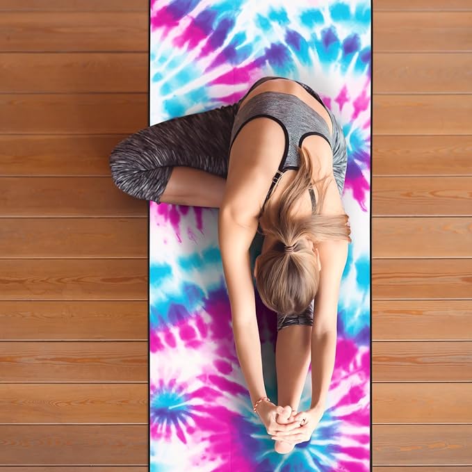 Colorful Star Yoga Towel with Corner Pockets, Non Slip Grip Dots Sweat Absorbent Hot Yoga Mat Towels, Yoga Blankets with Travel Bag, Mat Cover for Workout, Gym, Fitness - 70"x26", Pink Blue Tie-dye