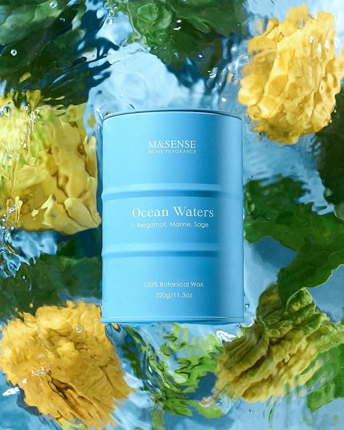 M&SENSE Ocean Waters Scented Candles Summer Soy Candle,Beach Candle for Stress Relief Meditation Relaxing, Housewarming Gifts for Women Men, 11.3oz 70 Hour Long Burning