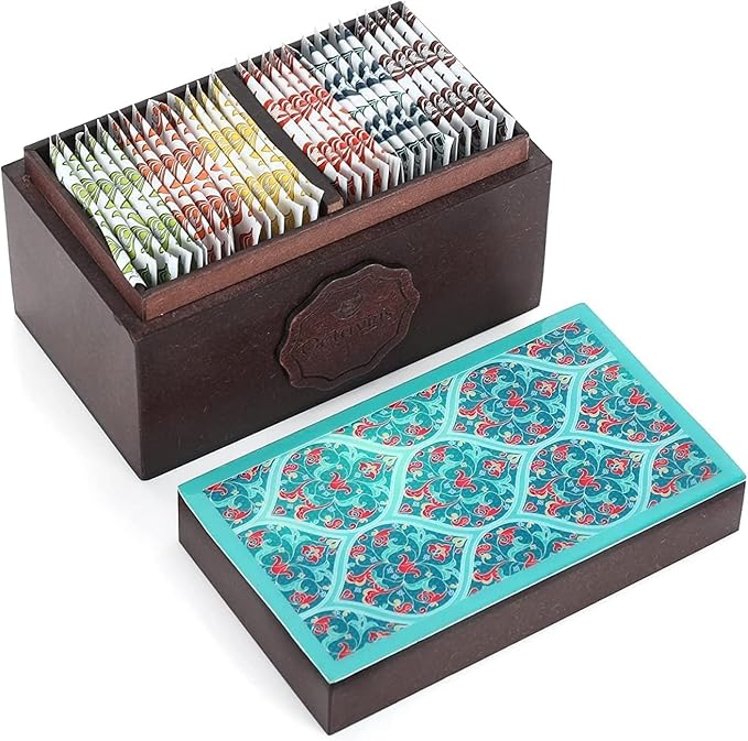 Octavius Assorted Tea Gift Set | 6 Assorted Black & Green Teas | 30 Teabags | Wooden Tea Sampler Pack w/Ornate Floral Design | Pack of 2