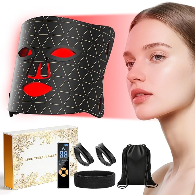 LED Light Therapy Mask Skin Care Mask, LED Red 630±5nm & NIR 830nm Wavelength for Home Use (Grid gold)