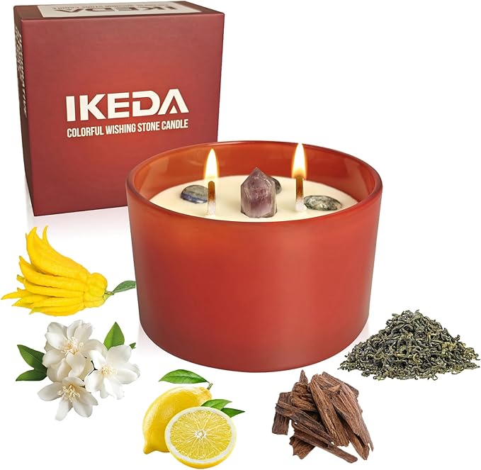Ikeda Crystal Scented Candles, Aromatherapy Candle Gifts for Women, Birthday Valentine Christmas Mother's Day, 7oz-40 Hour Long Lasting Soy Candles, Bergamot, Tea, Lemon Scents