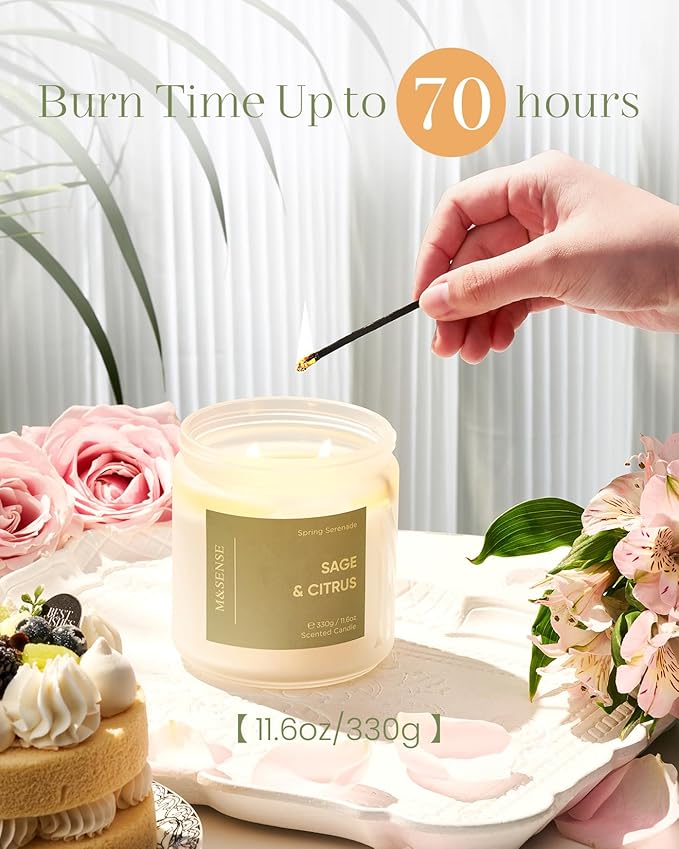M&SENSE Sage Citrus Scented Candle - 11.6oz Natural Soy Non Toxic 70 Hour Burn Time 2 Wick Aromatherapy Candle for Home Decor, Summer Fragrance for Stress Relief & Relaxation