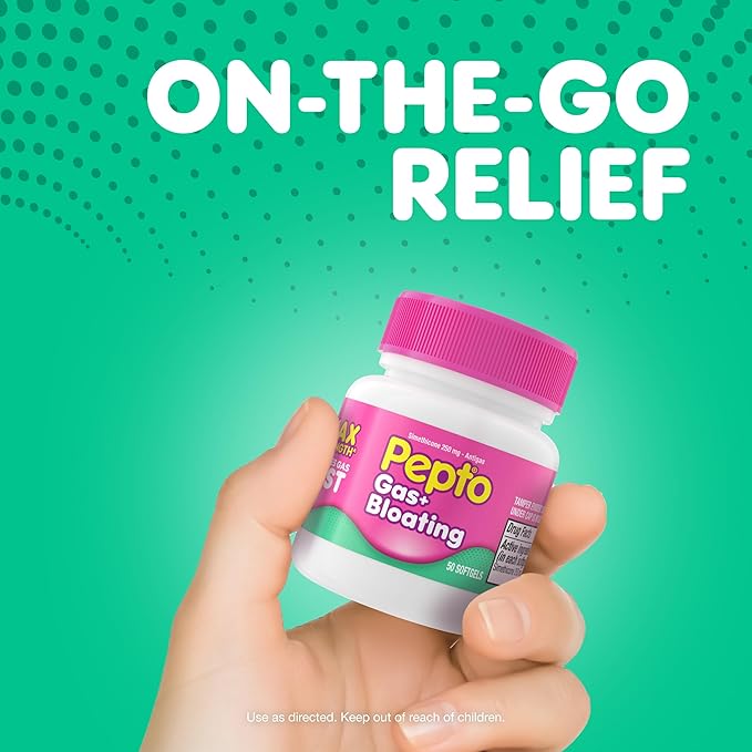 Pepto Gas + Bloating, Simethicone 250 mg Softgels, 50 Count, Gas Relief for Adults, Anti Gas and Bloating, Gas Relief Maximum Strength