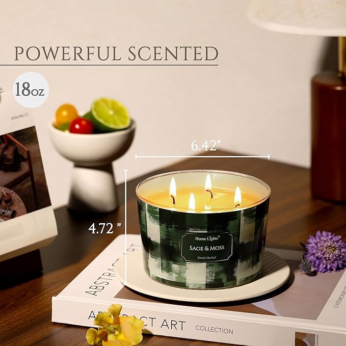 HomeLights Scented Candles for Women & Men, 18oz Candle Jars Aromatherapy 4-Wick Candle, Ideal for Scandinavian Minimalist Design Home Decor and Gifts, Sage & Moss