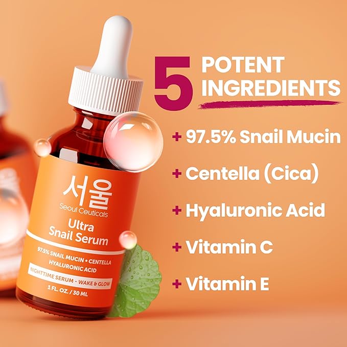 SeoulCeuticals Korean Skin Care 97.5% Snail Mucin Serum – K Beauty Skincare Anti Wrinkle Cica Night Serum Hyaluronic Acid for Face 1oz