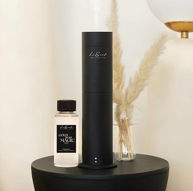 Aroma Scent Diffuser Starter Kit for Up to 1000SQ. FT. Coverage - 120ML Waterless Essential Oil Scent Included - Luxury Aroma Diffuser Ideal for Home, Office & Hotel (Black, Gold Rush Magic)