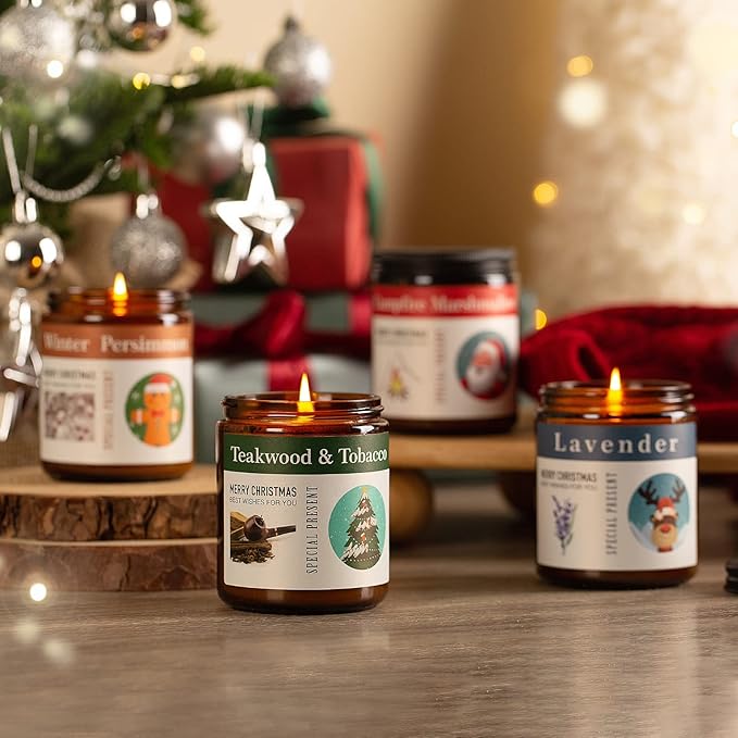 4-Pack Christmas Candles for Home Scented,7.1 oz Soy Wax Holiday Gifts Set with Festive Stickers - Kaki Persimmon, Lavender, Teakwood Tobacco, Bonfire Marshmallow for Home Decor, Aromatherapy