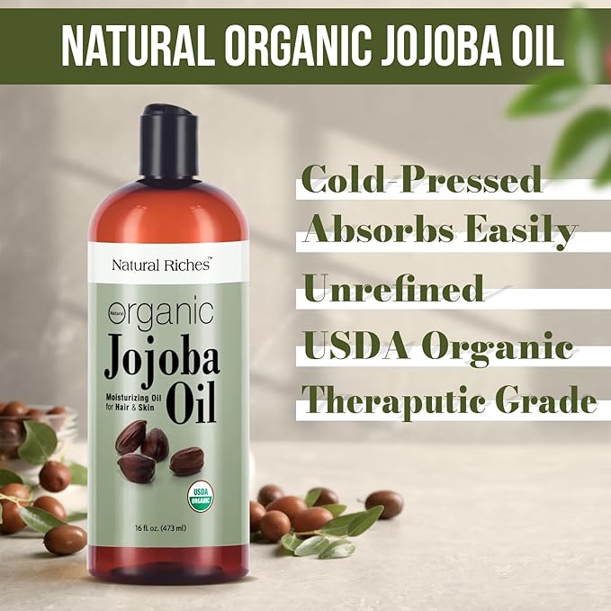 Natural Riches Organic Jojoba Oil, Pure (16 oz) | Moisturizing Oil for Face, Hair, Skin & Nails Cold Pressed Hexane Free Base Carrier oil.