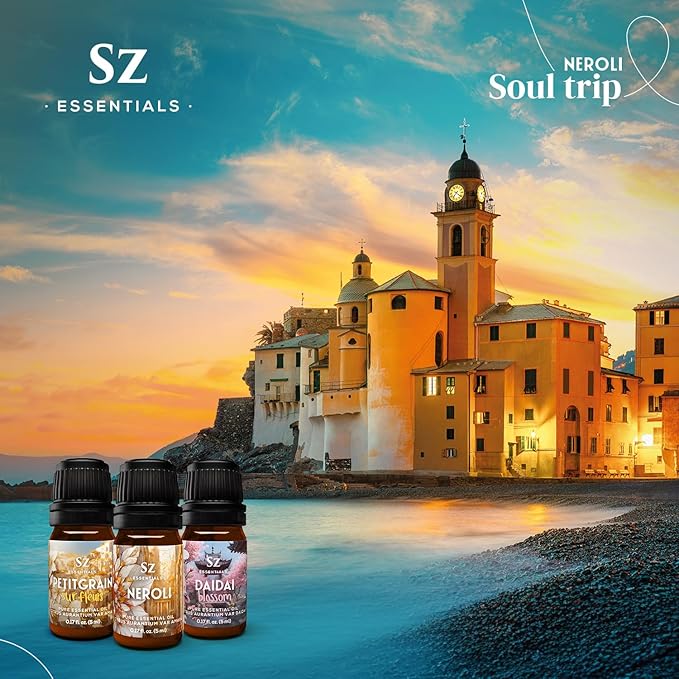 Neroli Soul Trip Essential Oils Collection- Neroli + Petitgrain Sur Fleurs + Dai Dai Blossom -Set of 3 Bottles (0.17 Fl Oz- 5ml each)- 100% Pure & Undiluted - Therapeutic Grade & Vegan