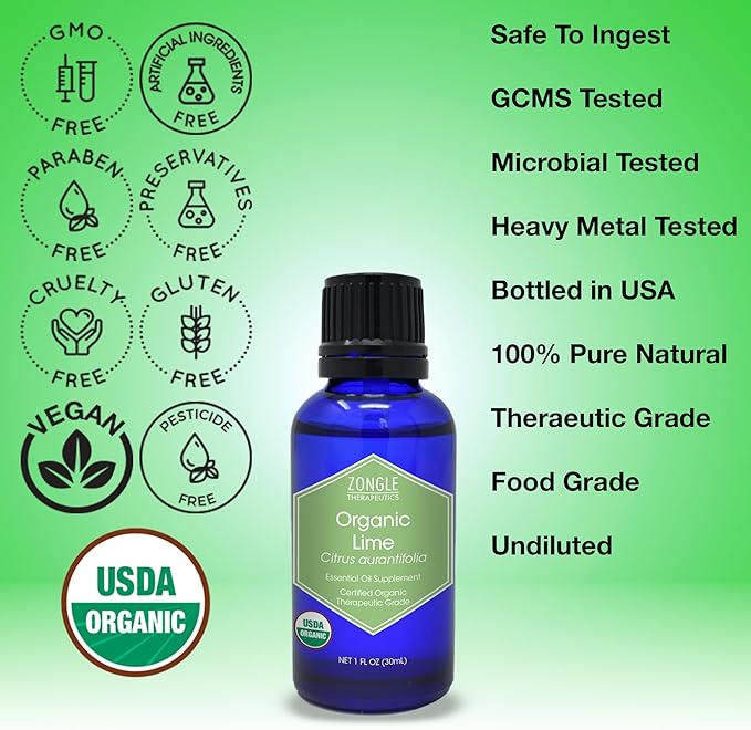 Organic, Lime Essential Oil, Food Grade, for Cooking – 100% Pure, Lime Oil, by Zongle Therapeutics, 1 OZ