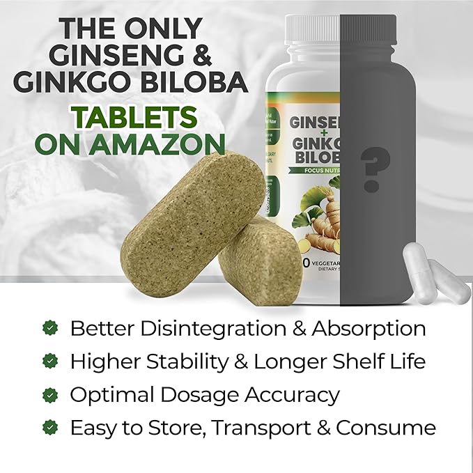 GreeNatr Ginko Biloba & Panax Ginseng Supplement - Red Ginseng Brain Supplement for Memory and Focus - Ginkgo Biloba Supplements for Good Vision, Immune System and Improved Blood Flow - 60 Tablets