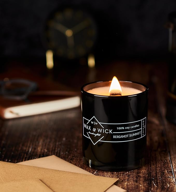 Wax & Wick 12oz Scented Candle for Men, 100% Soy Wax, Double Wood Wick, Black Jar, Bergamot Summit Scent, Long Lasting, Masculine Scents, Perfect for Home, Mancave, Bachelor Pad, Men's Gift - USA Made