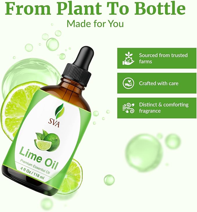 SVA Lime Essential Oil – 4 Fl Oz – 100% Natural Lime Oil - for Diffuser, Hair Care, Face, Skin Care, Aromatherapy, Scalp and Body Massage, Soap and Candle Making - with Dropper