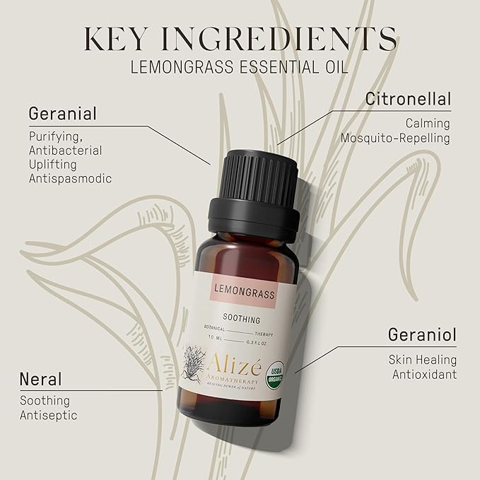 Organic Lemongrass Essential Oil, USDA Certified Organic 100% Natural & Pure Essential Oils for Diffusers for Home, Aromatherapy Oils, Diffuser Oils Scents, Refreshing, 10ml-0.33 fl oz