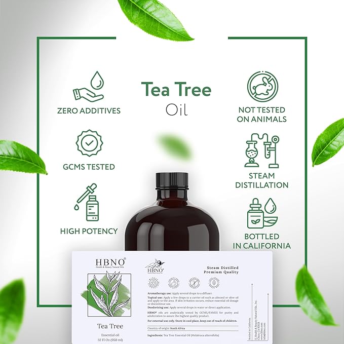 HBNO Tea Tree Oil - Huge 32 oz (950ml) Large Size - Ideal for Diffusers, Cleaning Agents, Deodorizers, and Flavoring Agents (Glass Bottle).