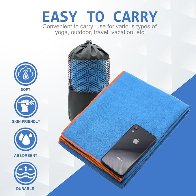 Eunzel Hot Yoga Towel - Microfiber Non Slip Yoga Mat Towel with Grip Dot Sweat Absorbent Towel for Hot Yoga, Pilates and Fitness 72" x 24", Blue/Orange