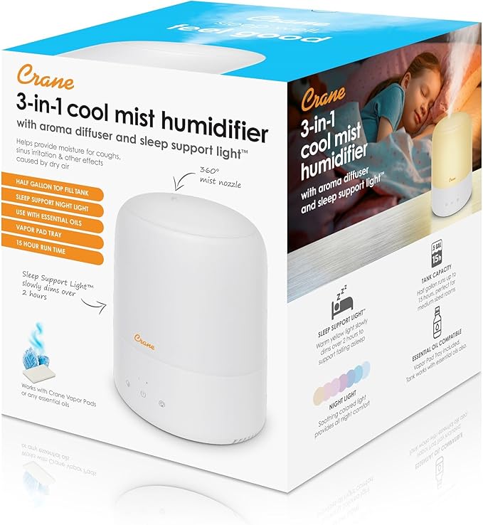 Crane Top Fill Mini Humidifier for Bedroom and Nursery 3-In-1 Essential Oil Diffuser Sleep Light 0.5 Gallon Baby Humidifier