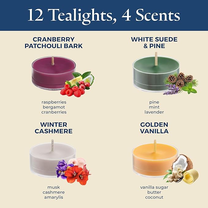 PartyLite Tea Lights Sampler, Cranberry Patchouli Bark & White Suede & Pine with Cashmere & Vanilla Scented Candles, Gift Set of 12, Aromatherapy with upto 4 to 6 Hours Burn Time, Ideal for Home Decor