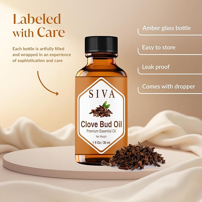 Siva Clove Bud Essential Oil - 1 Fl Oz – 100% Natural Clove Bud Oil - for Diffuser, Face, Skin Care, Aromatherapy, Hair Care, Scalp and Body Massage - with Dropper