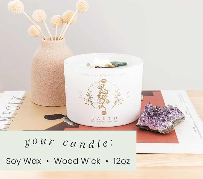 Taurus Virgo Capricorn Gifts for Women - 12oz Wood Wick Candles That Crackle with Crystals and Healing Stones. Healing Crystal Candles for Women Home Scented. Soy Wax, for Zodiac Birthdate
