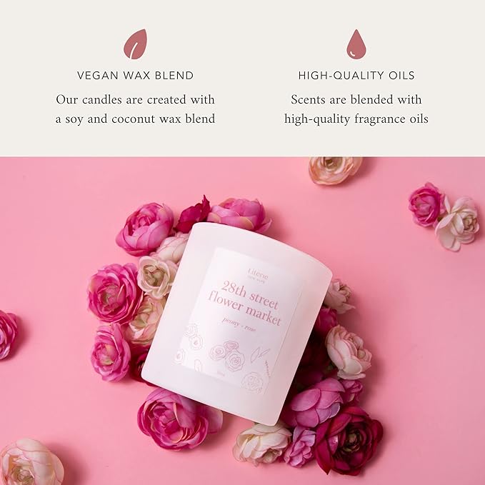 Literie NYC Inspired Scented Candle: 28th Street Flower Market - Peony & Rose Scent, 9oz, 50 Hour Burn, Vegan Soy & Coconut Blend Candle for Home Decor, Gift for Women & Men