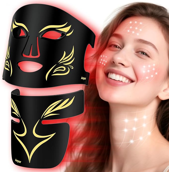 Red Light Therapy for Face and Neck Chest, Valentines Day Gifts, LED Face Mask Light Therapy, Rechargeable 2000mAh Red Light Mask with 348 LED Beads, 4 Modes, Timer for Home Skincare (Black)