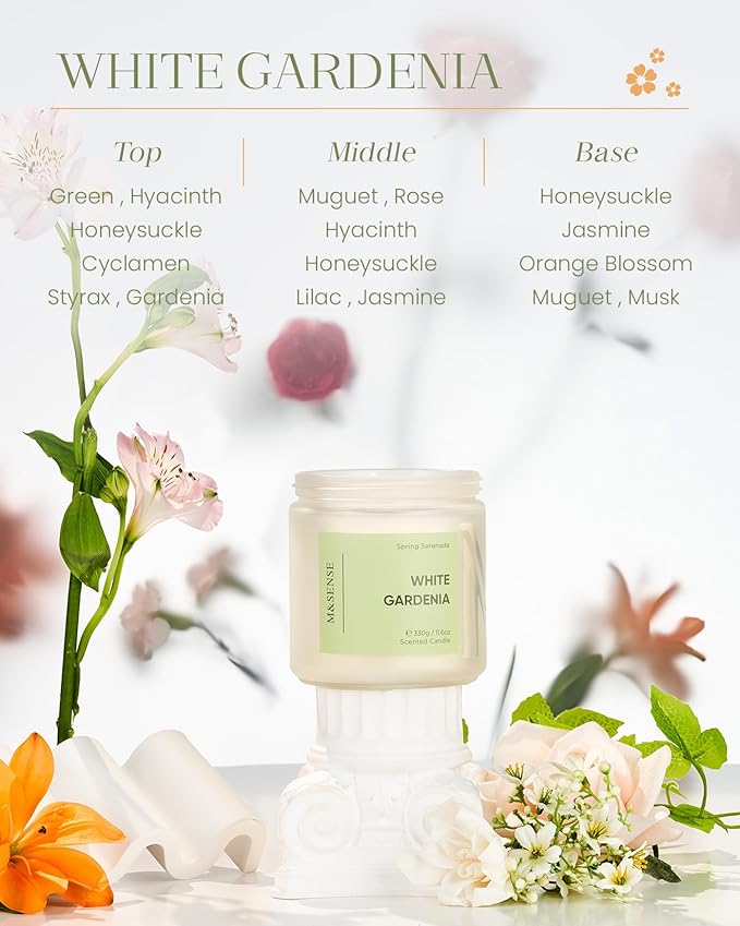 M&SENSE White Gardenia Scented Candle - 11.6oz Natural Soy Wax 70-Hour Long Lasting Burn Time Non Toxic, 2-Wick Spring Flower Candle for Home Decor Slow-Burning Aromatherapy Gifts
