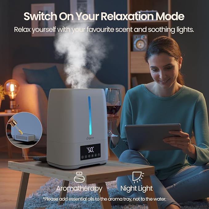 6L Top Fill Ultrasonic Humidifier - Cool and Warm Mist for Bedroom, Baby, Large Rooms & Plants, Smart Humidity Control, Aroma Diffuser, Night Light, 12H Timer, Quiet, White