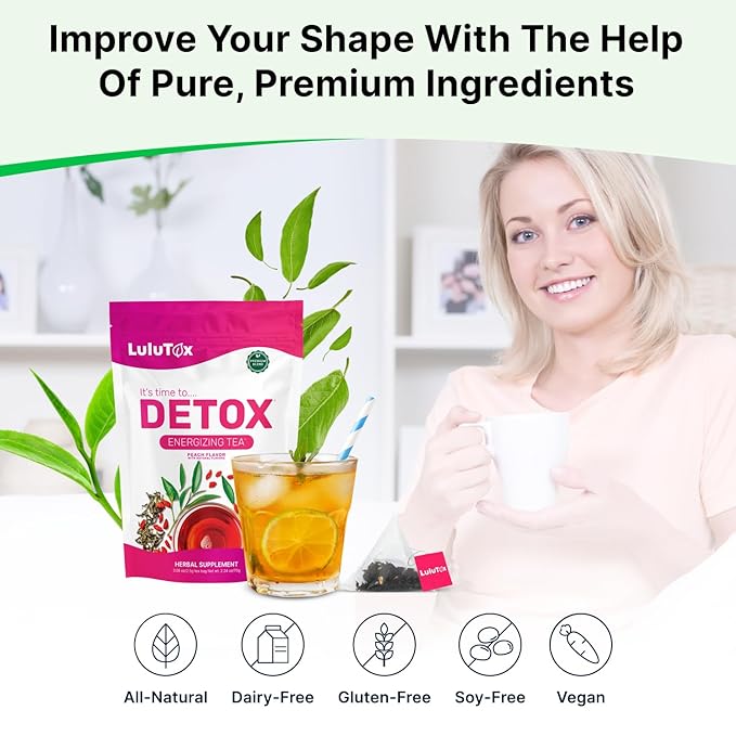 LULUTOX Detox Tea - Herbal Blend with Dandelion, Ginseng, and Ginger - Supports A Healthy Weight, Digestive Health - Vegan, All Natural, Laxative-Free - Peach Flavor (3 Pack x 28 Servings)