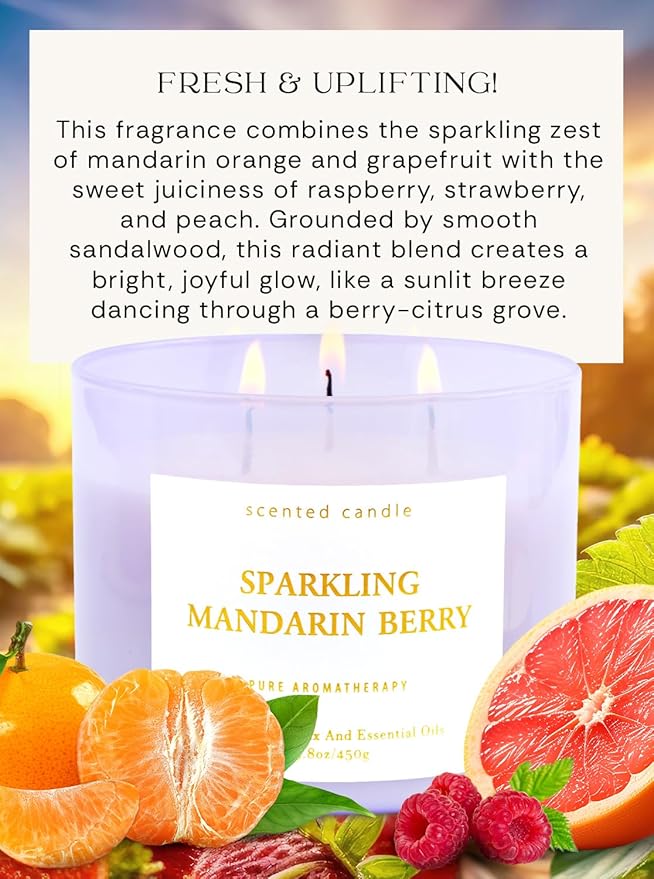 Sparkling Mandarin Berry 3-Wick Scented Soy Candle 15.8 oz | Large Citrus & Fruit Candle for Home Relaxation | Aromatherapy Stress Relief Candles | Long-Lasting Clean Burn