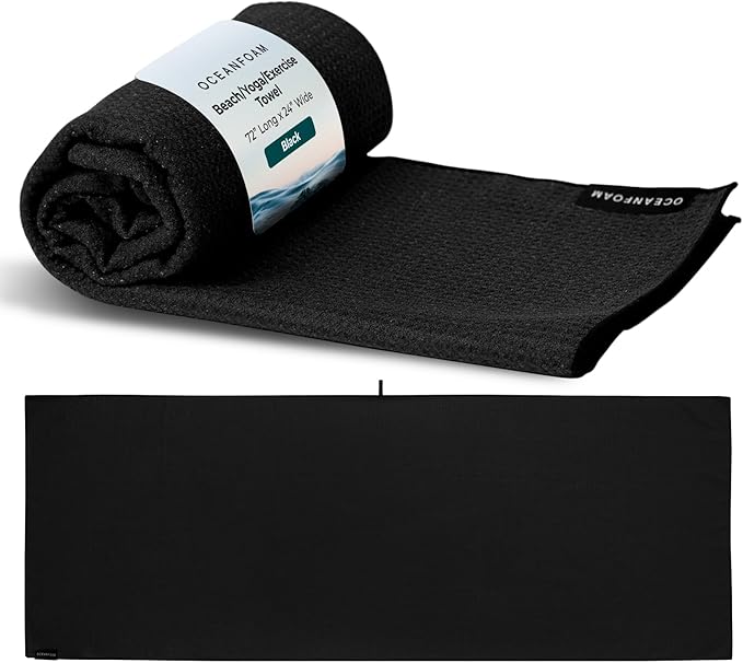 Oceanfoam Beach Towel – Lightweight, Absorbent, Quick-Drying, Sand-Resistant, Non-Slip – Ideal for Workouts, Yoga, Pilates, Beach, Pool, Boat & Travel – 25% Recycled – 72"x24" (Black)
