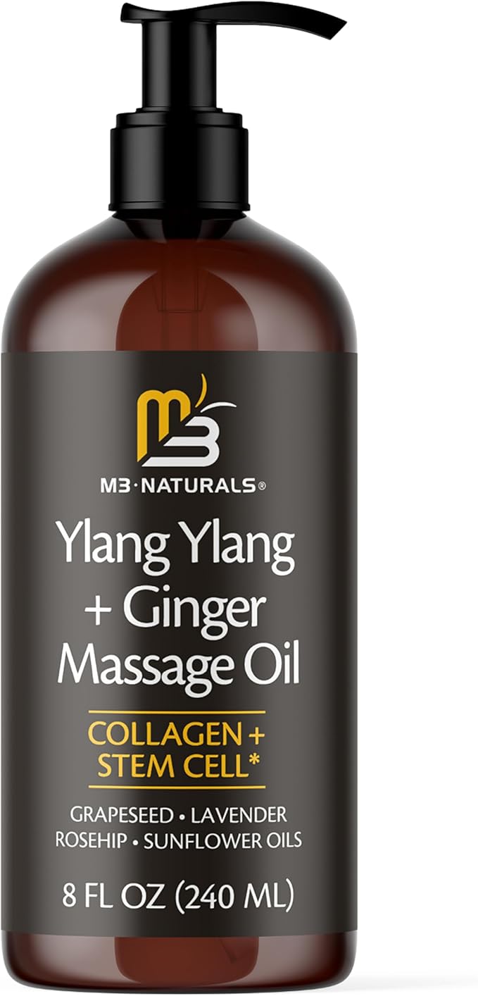 Ylang Ylang + Ginger Lymphatic Drainage Massage Oil – with Collagen & Stem Cells for Circulation, Detox & Cellulite Removal – Body Oil for Muscle Relief, Skin Firming & Relaxation – 8oz by M3 Naturals