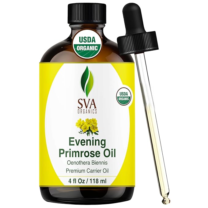 SVA Evening Primrose Oil Organic - 4 Fl Oz – 100% Natural Cold Pressed Organic Evening Primrose Oil - for Face, Skin Care, Hair Care, Scalp Massage & Body Massage – Carrier Oil with Dropper